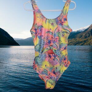 Angel Beach One Piece Swimwear Tropical Multicolor Pink Yellow Blue Size 10